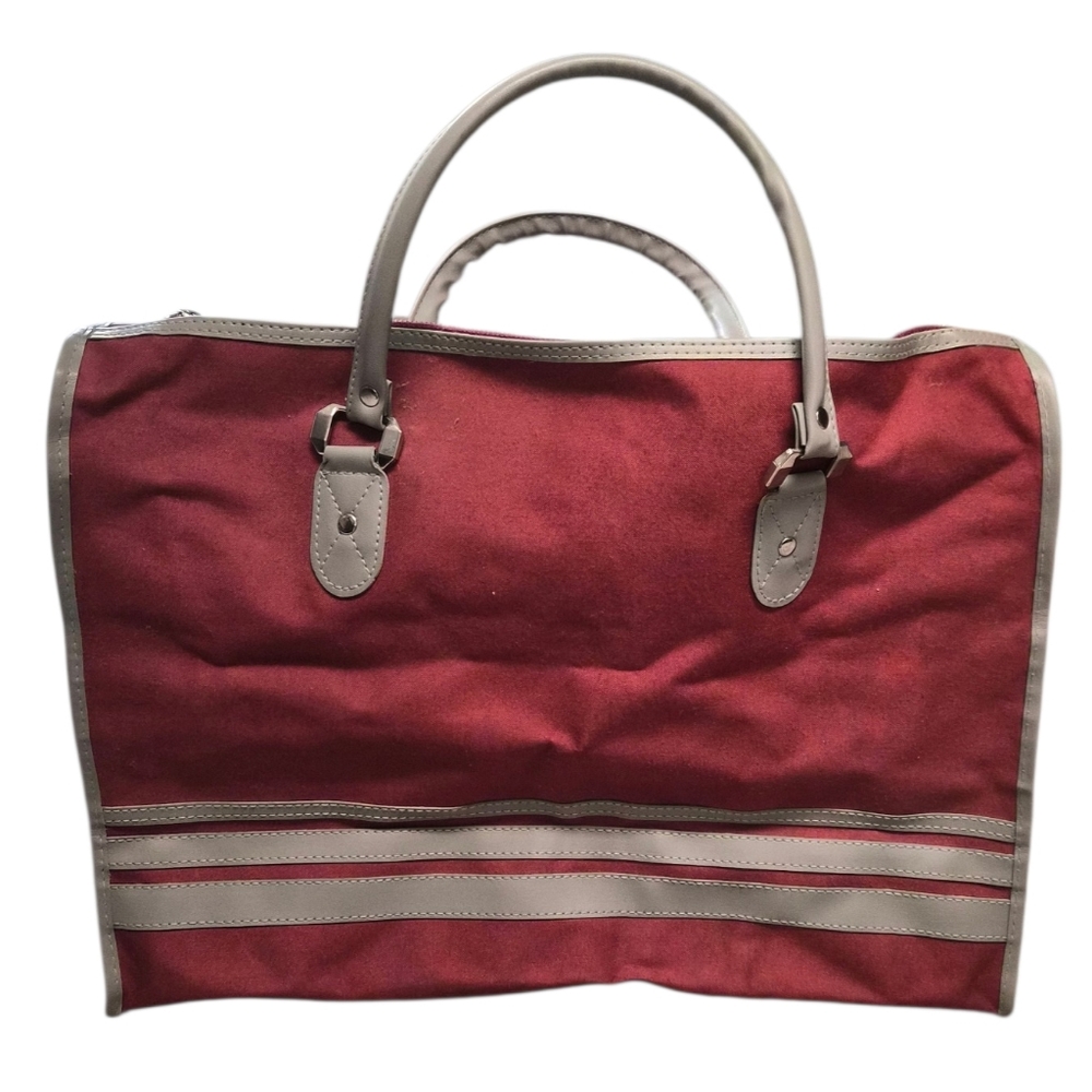 Vintage Red Travel Tote / Weekender Bag with Gray Trim
